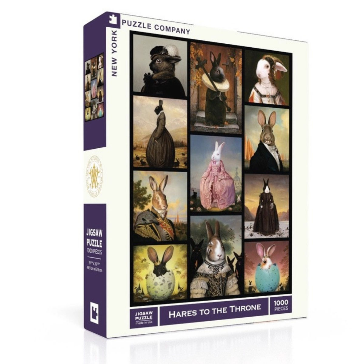 Angled box of hares to the throne 1000 piece jigsaw puzzle by new york puzzle of rabbits as subjects in classic paintings