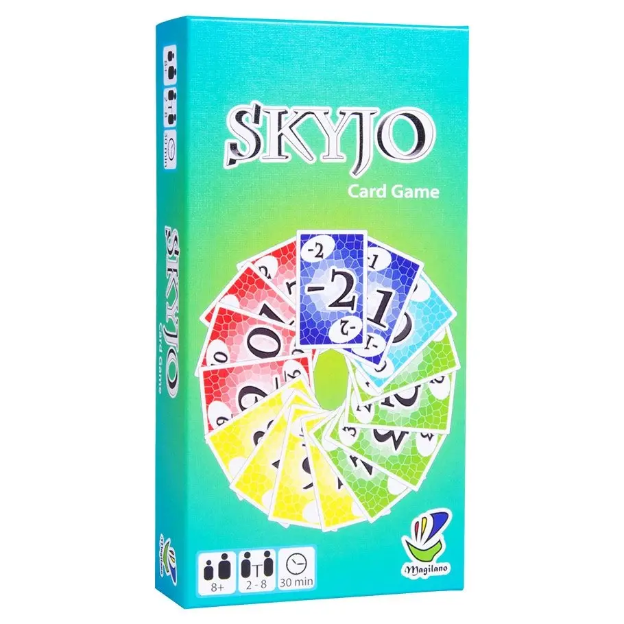 Box of skyjo card game for ages 8 and up, 2 to 8 people and 30 mins. Cards are shown from -2 to 12 in a range of colors