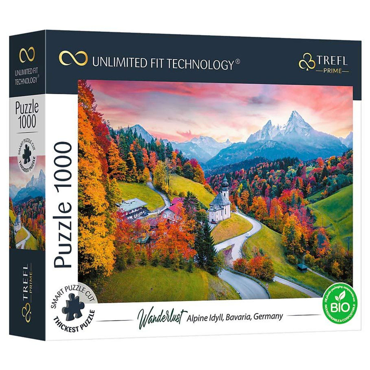 Box view of wanderlust apline adyll bavaria germany 1000 piece jigsaw puzzle showing the foot of the alps with colorful trees