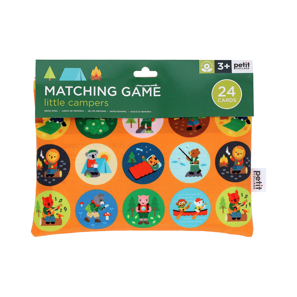 reuseable travel nylon pouch of Little Campers Matching Game for ages 3 and up with 24 cards of animals camping
