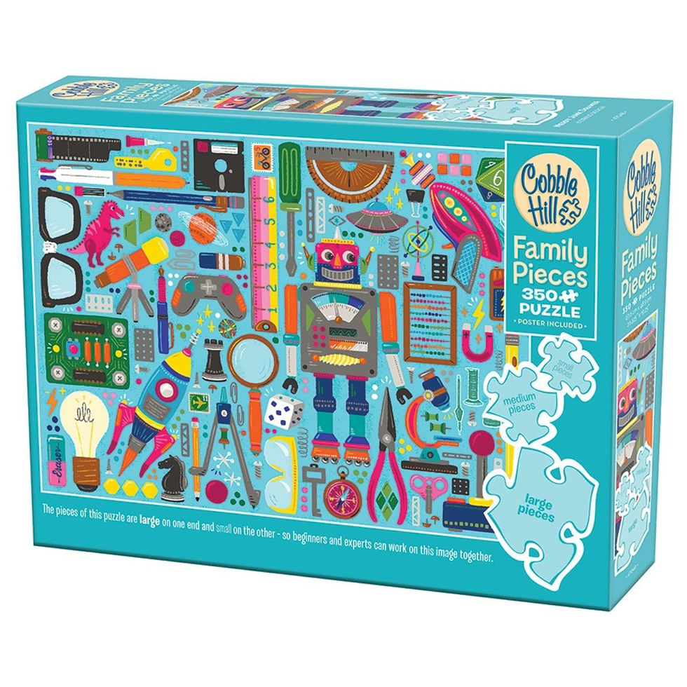 box of nerdy junk drawer family puzzle with cartoon layflat-style puzzle with glasses, dinosaur, dice, robot, tools, chess