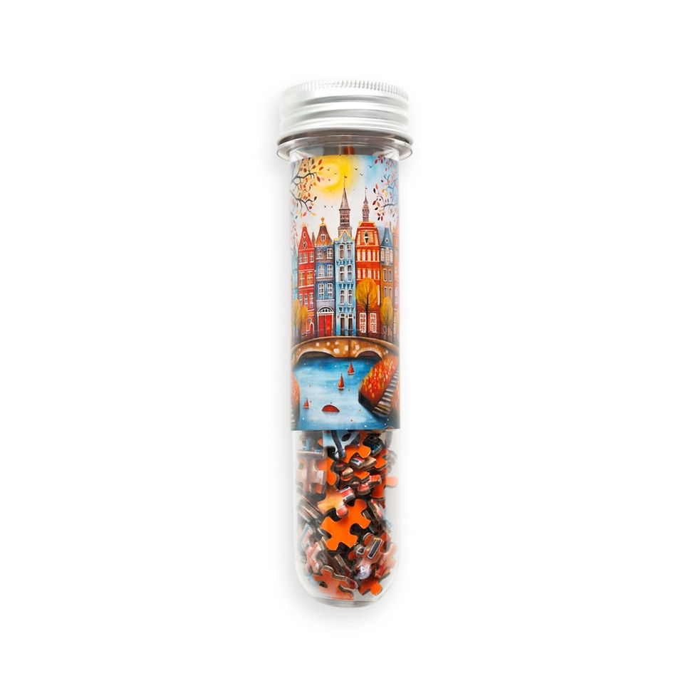 clear tube of bookshelf micro puzzle with label of image of a storybook colorful canal. Mini puzzle pieces are visible at bo