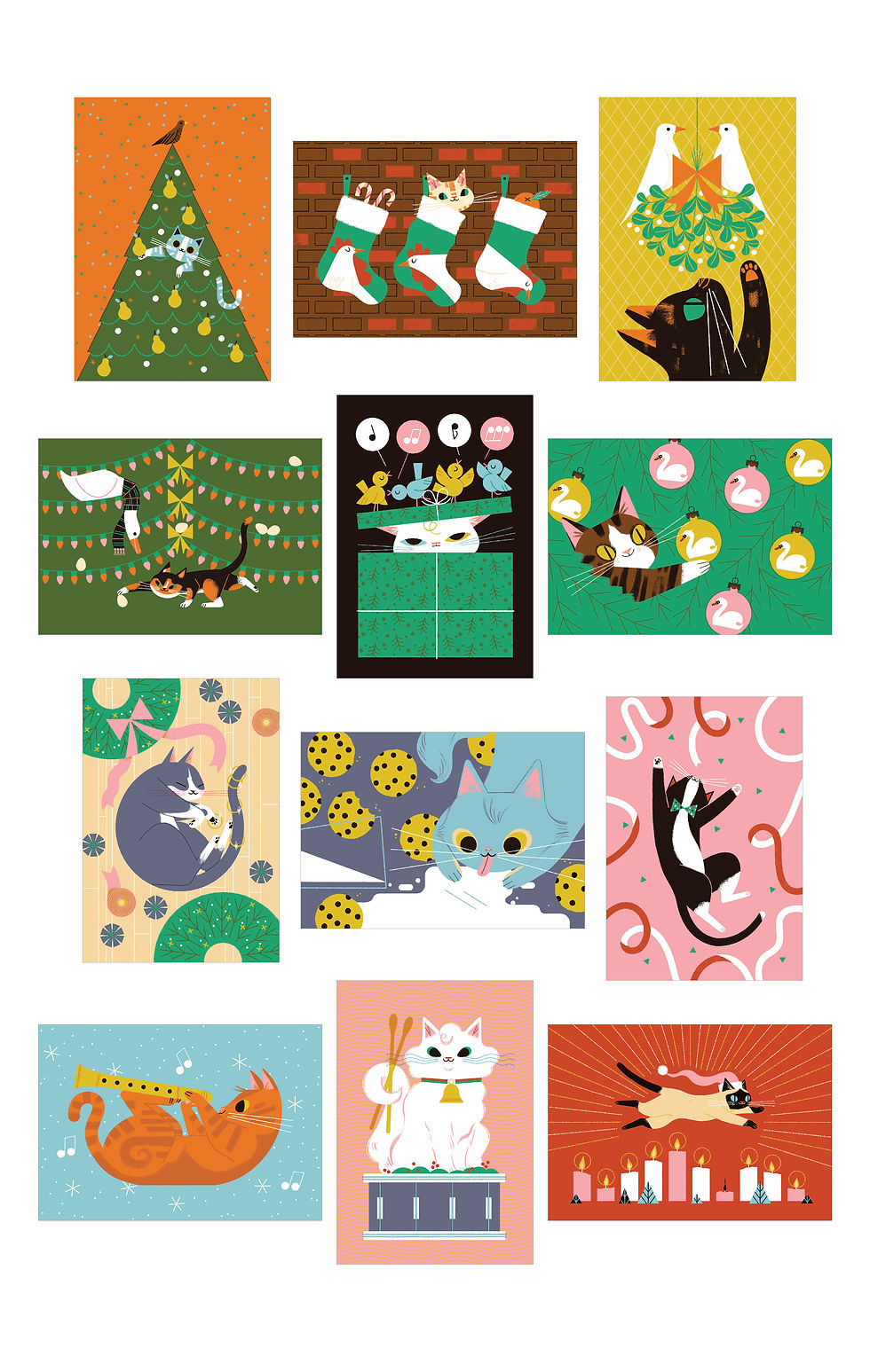 Images of all twelve completed puzzles featuring cats in various holiday scenarios