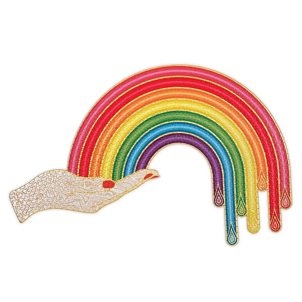 Thumbnail: completed puzzle of rainbow hands shaped foil puzzle with a rainbow coming out of a hand with nail painted