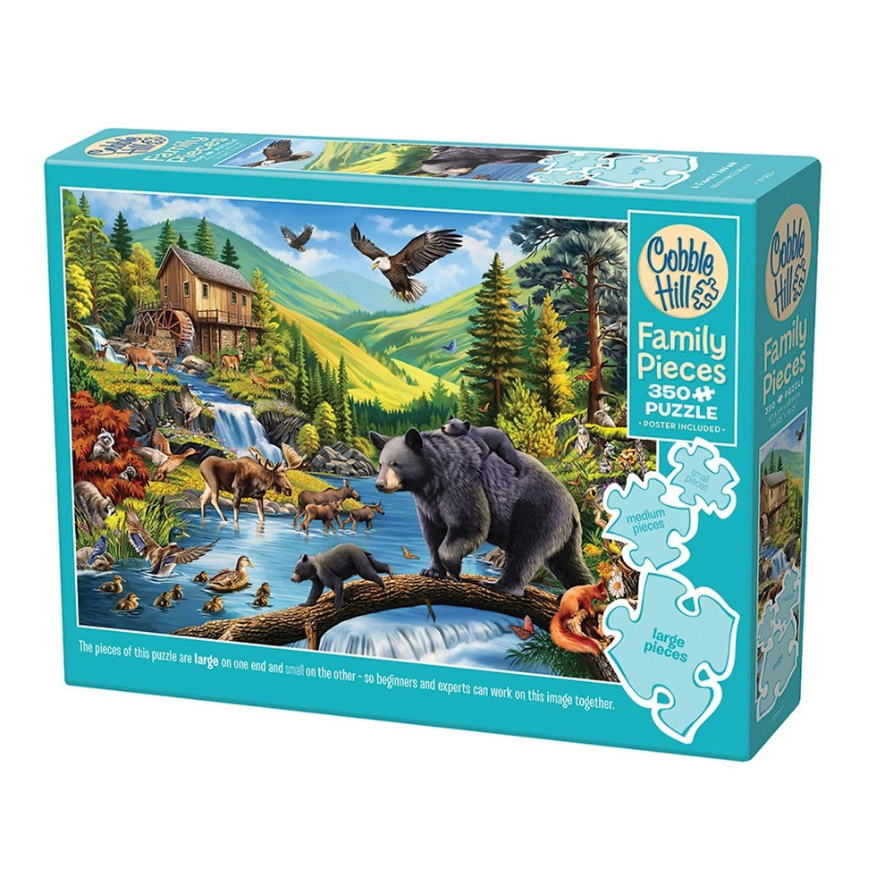 Box of cobble hill family 350 piece family puzzle of a mountain wildlife scene with bears, moose, eagles, ducks at a river