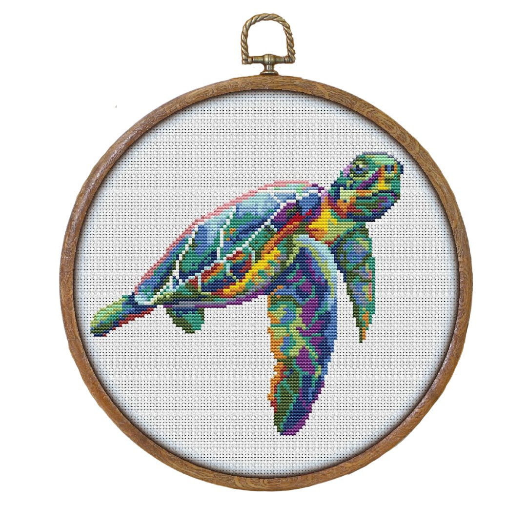 Completed colorful mandala green turtle counted cross stitch kit modern fun sticher gift cool sea animal faux wooden hoop