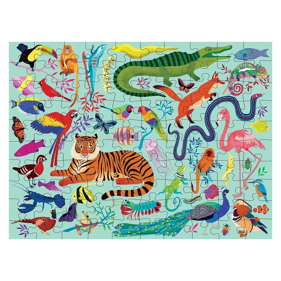 Thumbnail: One side of double sided puzzle with tiger, iguana, peacock, tucan, parrot, gator, jellyfish on teal background