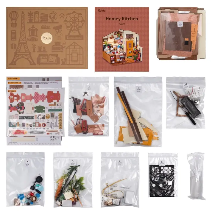 Thumbnail: layflat of included complenents including, instructions, screwdriver, led lights, plants, kitchen items and tools in bags