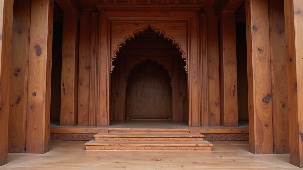 Eye-level view of a contemporary rosewood pooja mantap with minimal carvings