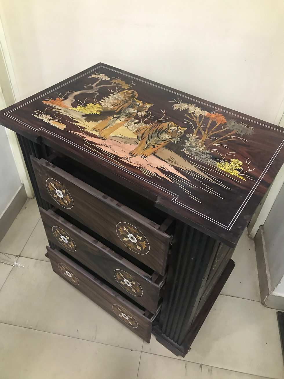 handcrafted rosewood side table with tiger design