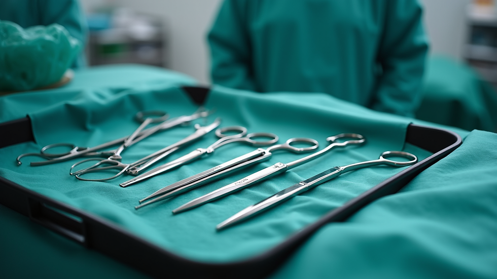 Close-up view of surgical instruments arranged neatly on a tray