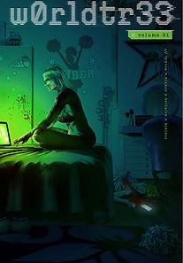 Book cover of "W0rldtr33" featuring a person on a bed using a laptop in a neon-green cyberpunk room.