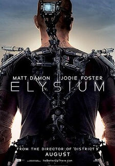 Poster of Elysium (2013) – dystopian sci-fi film depicting social inequality, cybernetic implants, and elite space habitats