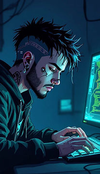 Hacker with tattoos and piercings focused on coding in a dark neon-lit room, symbolizing cyberpunk simulation games.