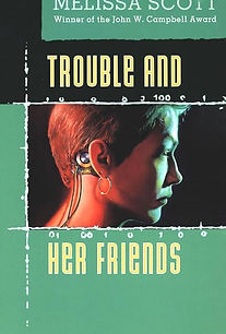 Book cover of "Trouble and Her Friends" featuring two figures in a neon-lit cityscape with cyberpunk technology elements.