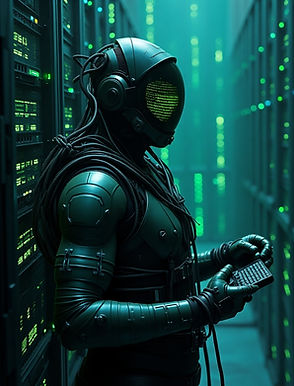 Cyberpunk hacker in futuristic armor operating a keyboard in a glowing data center
