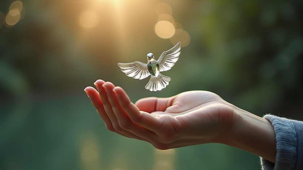 Vue rapprochée d’une main tenant un pendentif en forme d’ange en cristal