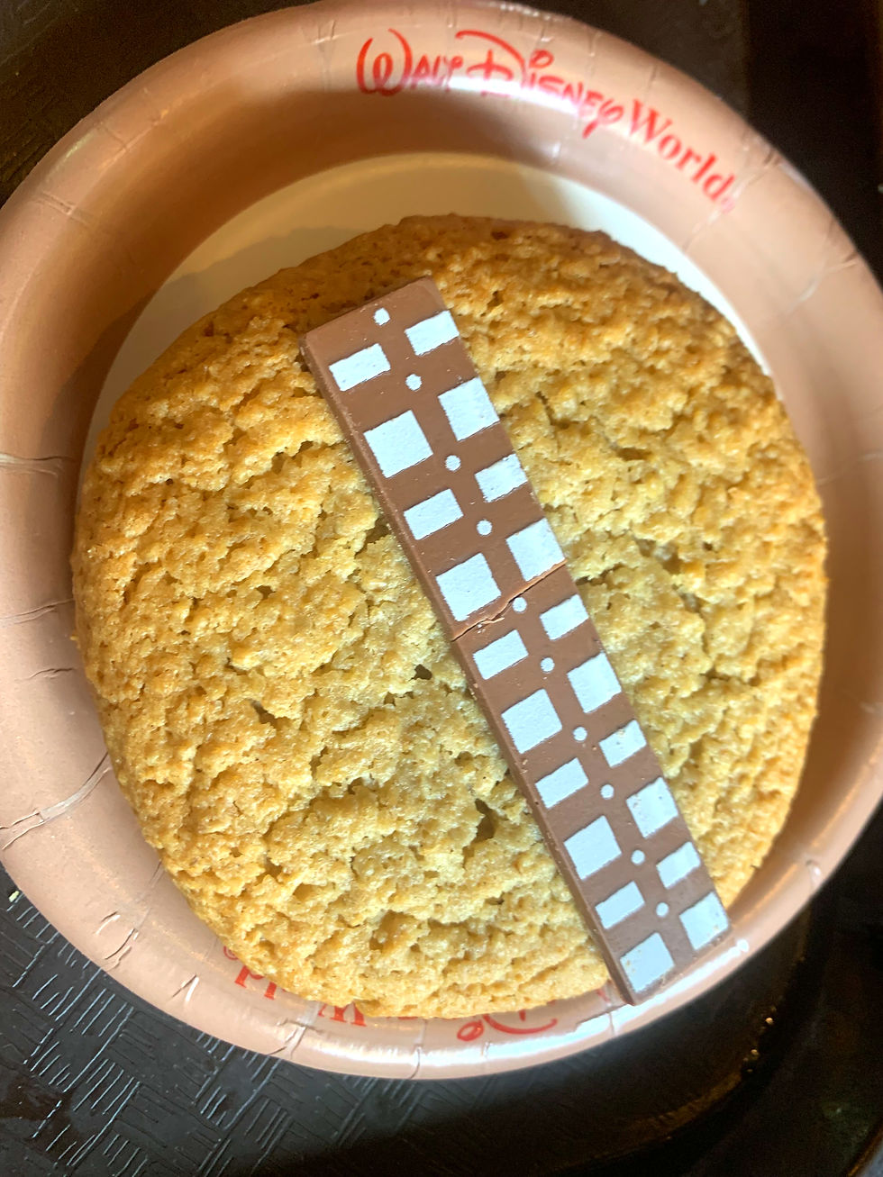 A cookie on a "Walt Disney World" plate, topped with a chocolate strip featuring a checkered pattern. Background is a dark surface. This cookie is the Wookie Cookie, inspired by Chewbacca from Star Wars and available from Backlot Express at Disney's Hollywood Studios.