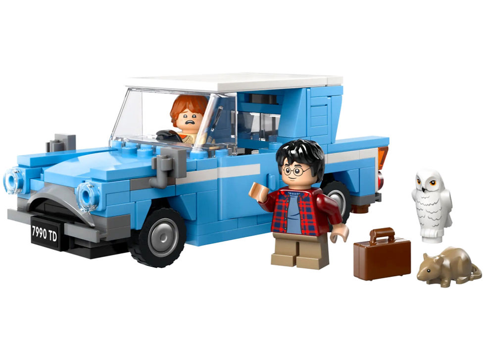 a car made from lego bricks, with harry potter and ron weasley next to it