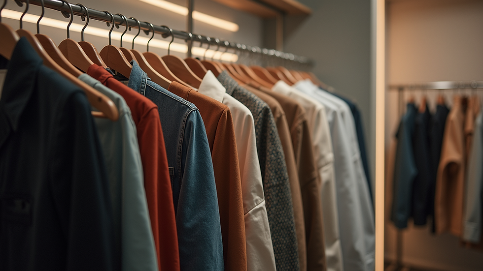 Eye-level view of a clothing rack displaying a variety of stylish outfits