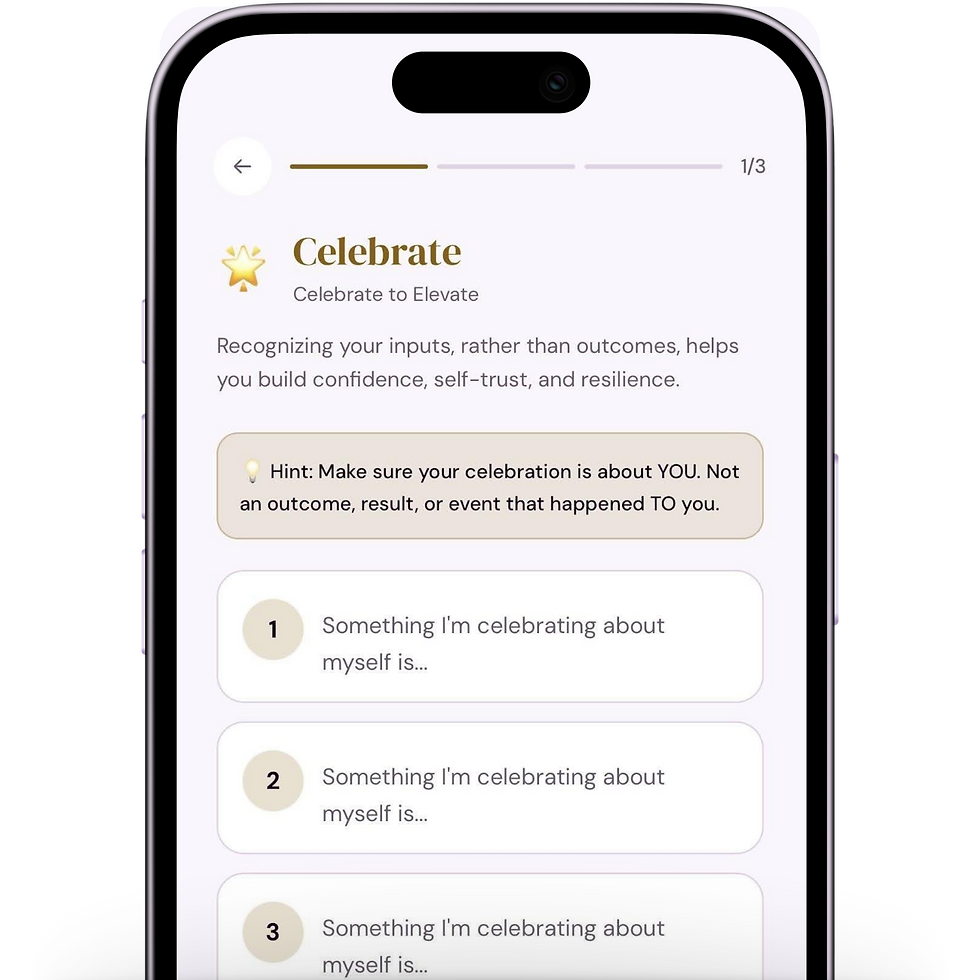 3-2-1 app Celebrate screen with three entry fields