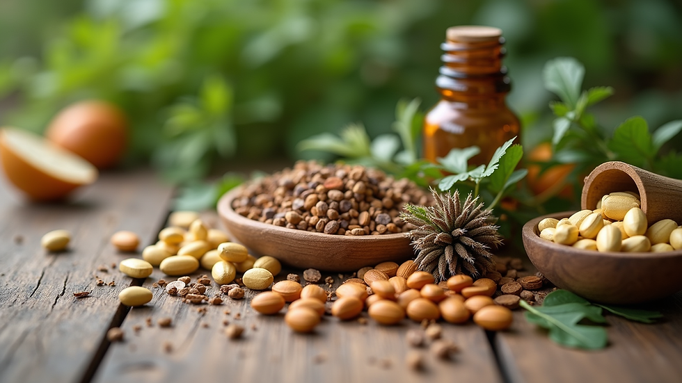 Close-up view of natural herbs and supplements on wooden table