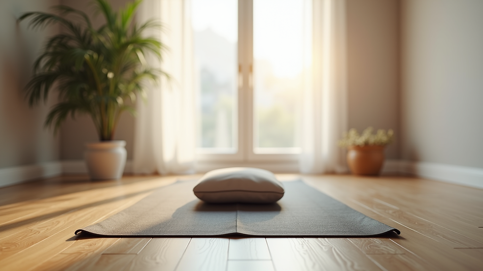 Eye-level view of a yoga mat and meditation cushion in a peaceful room