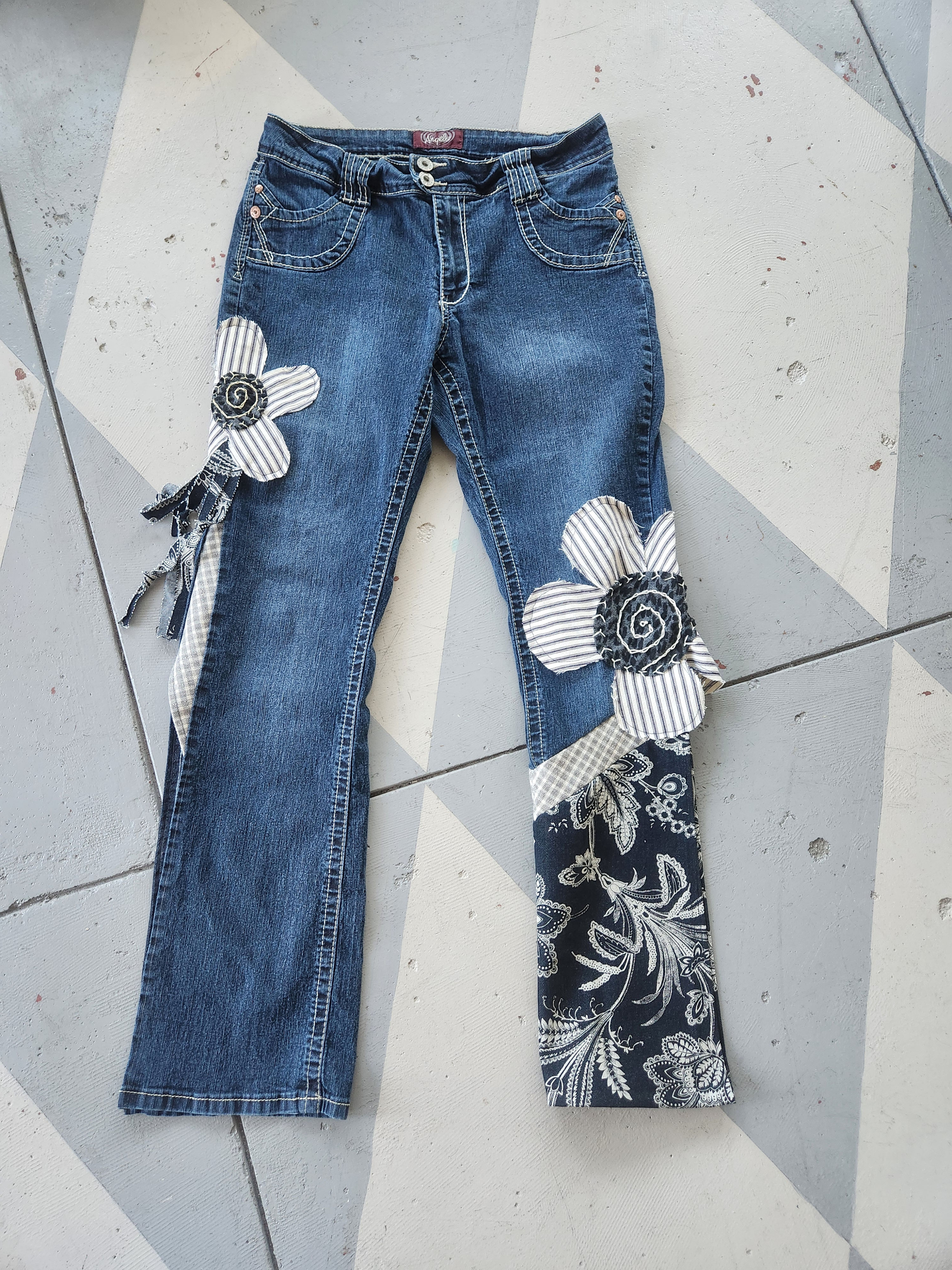 Altered Jeans Wide Pant Leg Upcycled Embellished Applique Flowers Angels Brand
