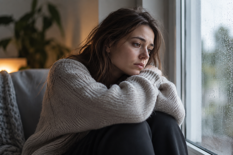 Woman sitting by a rain-covered window with a withdrawn, contemplative expression, representing depression, emotional isolation, and disconnection.