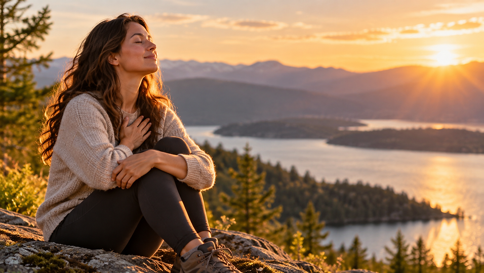 Woman sitting peacefully with her hand over her heart at sunset, representing self-connection, self-awareness, and reconnecting with her authentic self.