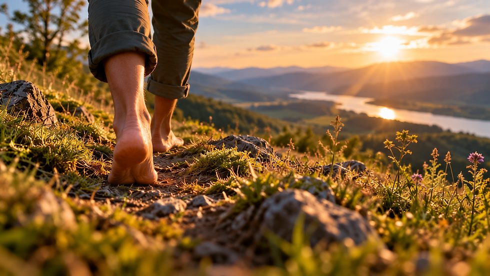 Barefoot person walking on the earth at sunset, surrounded by mountains and water, representing reconnection with nature.