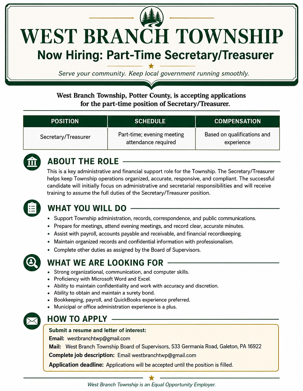 West Branch Township Seeking Part-Time Help