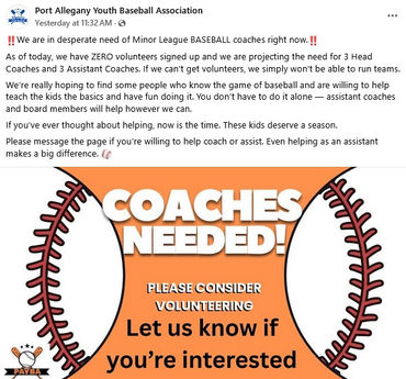 Port Allegany Youth Baseball Association Needs Coahes
