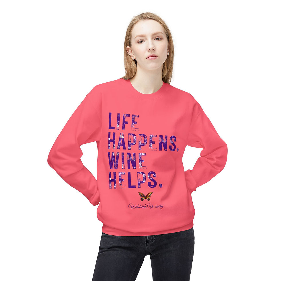 Thumbnail: Life Happens Wine Helps Crewneck Sweatshirt - Cozy Unisex Fleece for Wine Lovers