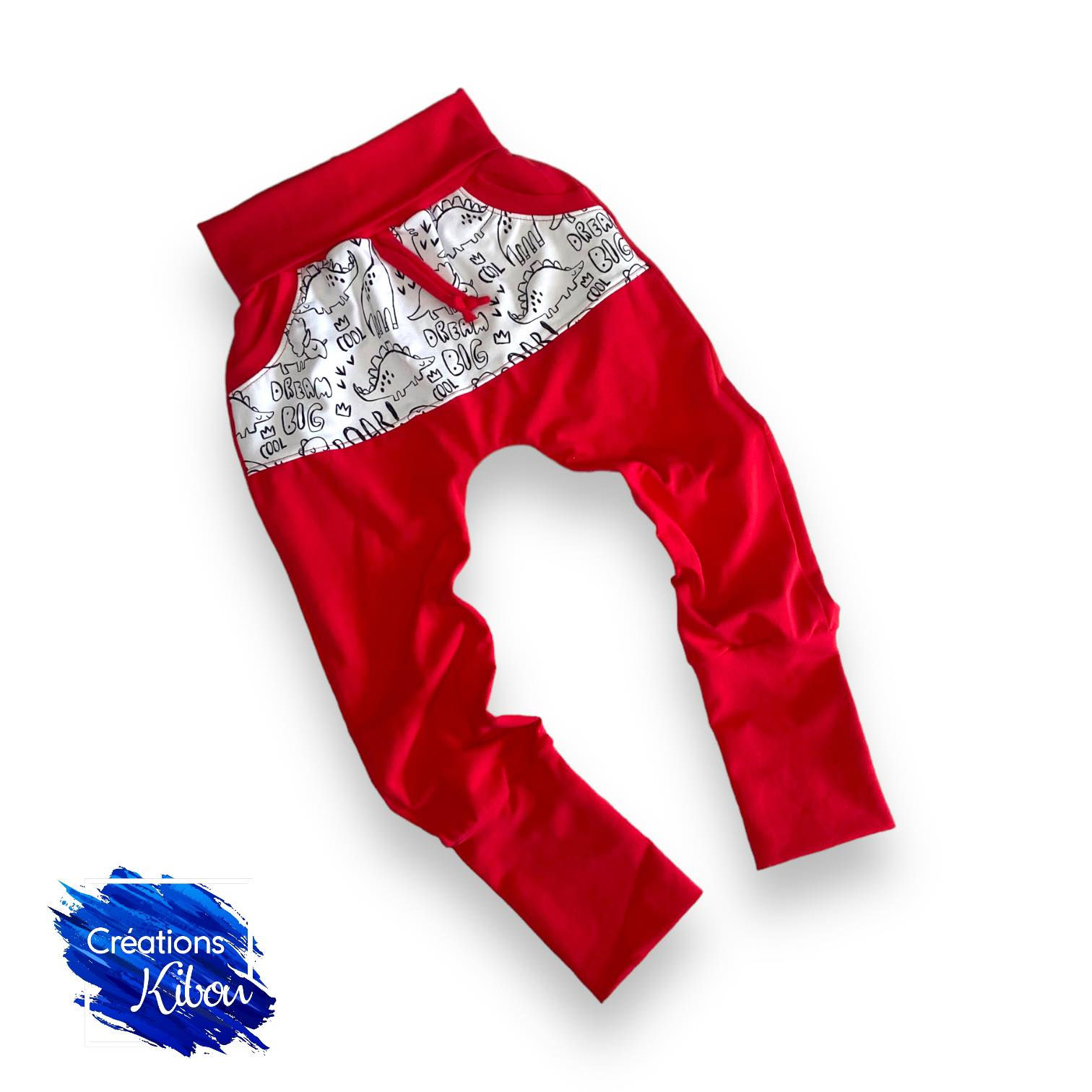 Pantalon ample évolutif 3-6T Rouge et dinosaures à colorier