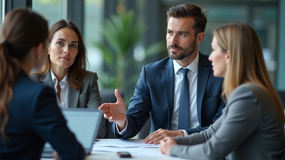Close-up view of a consultant explaining AI concepts to a small business team