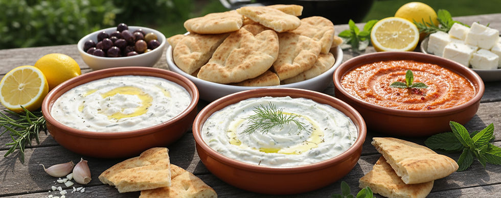 Eye-level view of tzatziki and Greek dips served with pita bread