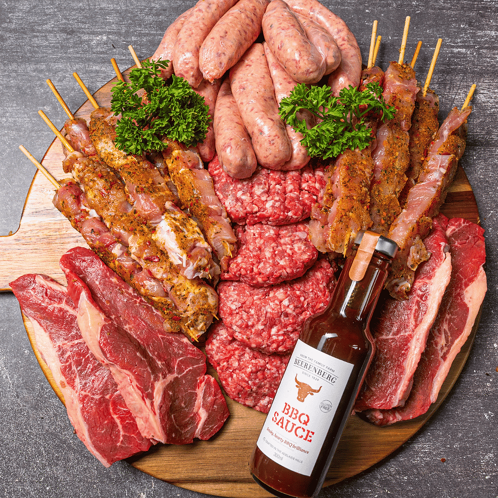 BBQ Box Large from Moofish featuring porterhouse steaks, herb & garlic sausages, beef burger patties, chicken souvlakia
