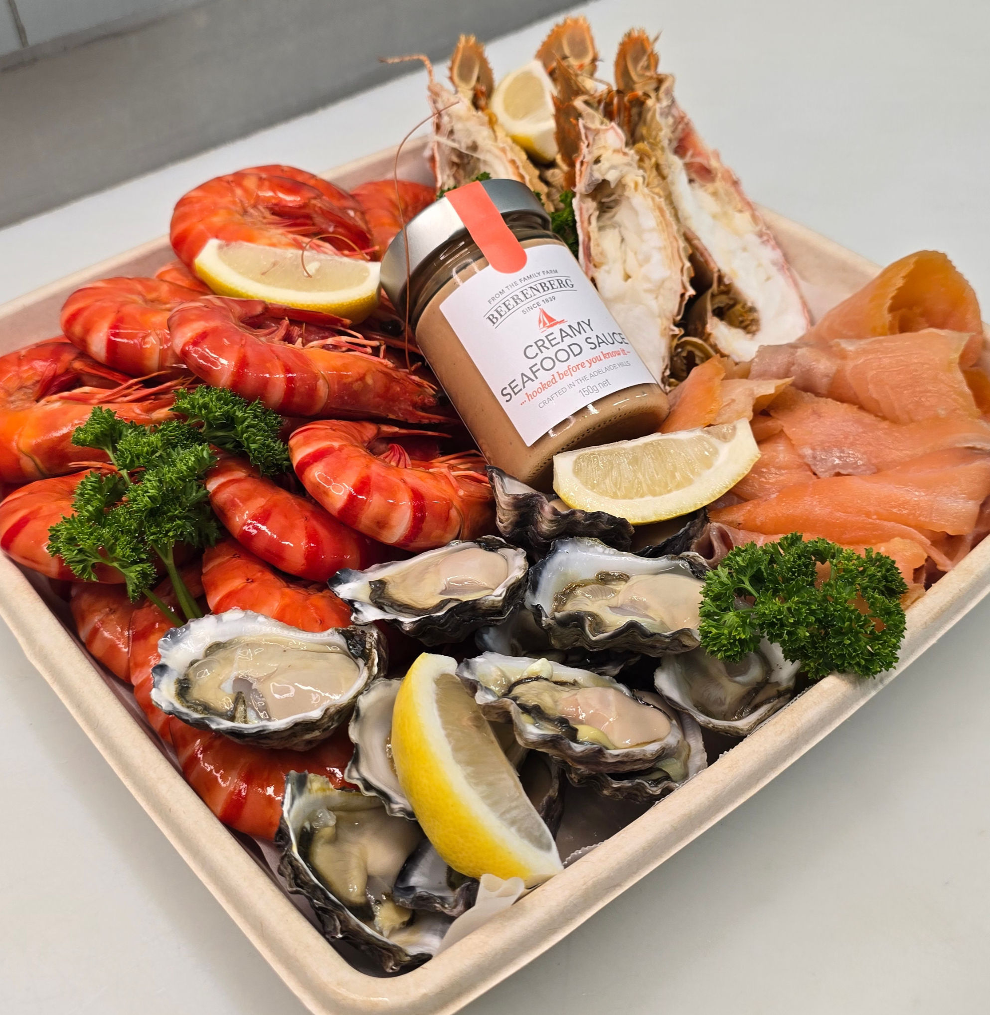 Seafood platter for 4 with prawns, oysters and smoked salmon and moreton bay bugs