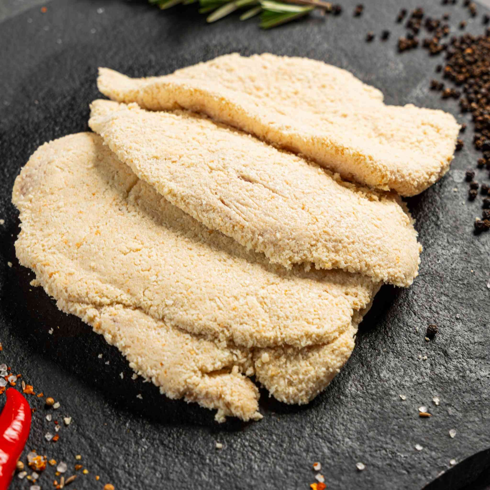 Chicken Schnitzel from Moofish Sydney, made with 100% Australian free-range chicken tenderloins, RSPCA Approved.