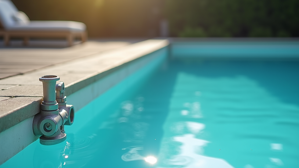 Vista laterale di un sistema di filtrazione per piscina con tubazioni e valvole