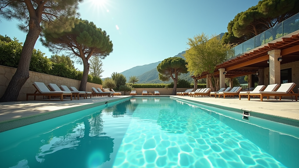 Vista frontale di una piscina con acqua cristallina e area relax attrezzata