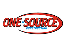 Logo for One Source Construction featuring bold red text with a blue accent dot, partially enclosed by a red swoosh