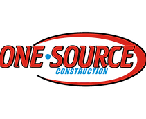 Logo for One Source Construction featuring bold red text with a blue accent dot, partially enclosed by a red swoosh