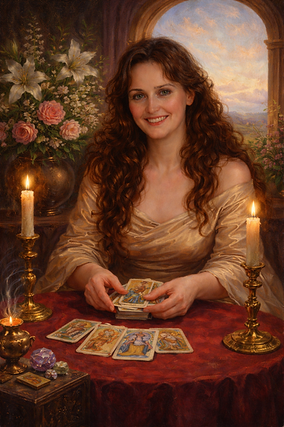Woman with curly hair smiles while shuffling tarot cards, flowers in background.