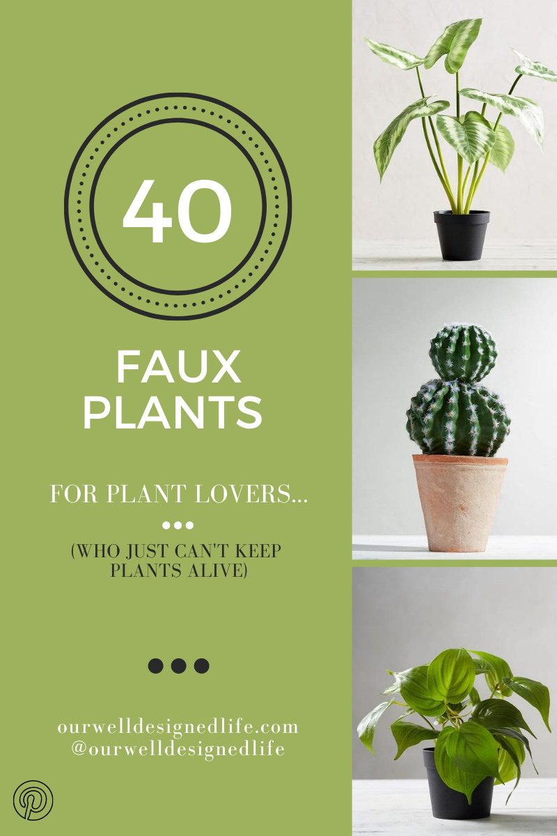 Three Faux Plant Photos with text to the left - "40 faux plants for the plant lovers who can't keep plants alive. Green background - Our Well Designed Life
