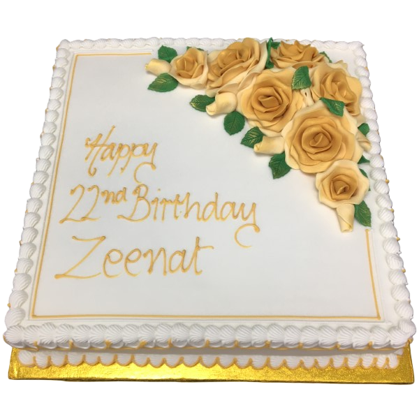Luxurious 14" square cake adorned with delicate roses, perfect for special occasions. Handcrafted with attention to detail for a stunning centrepiece.