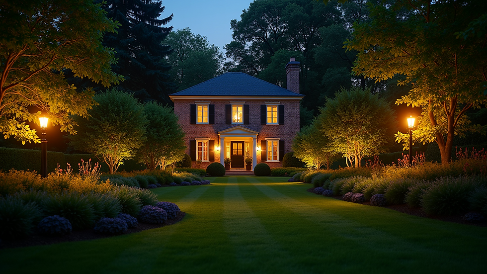 Wide angle view of a beautifully illuminated garden at night