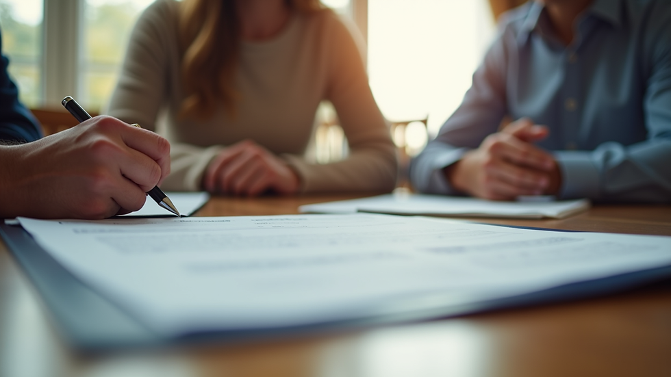 Eye-level view of a family discussing estate planning documents