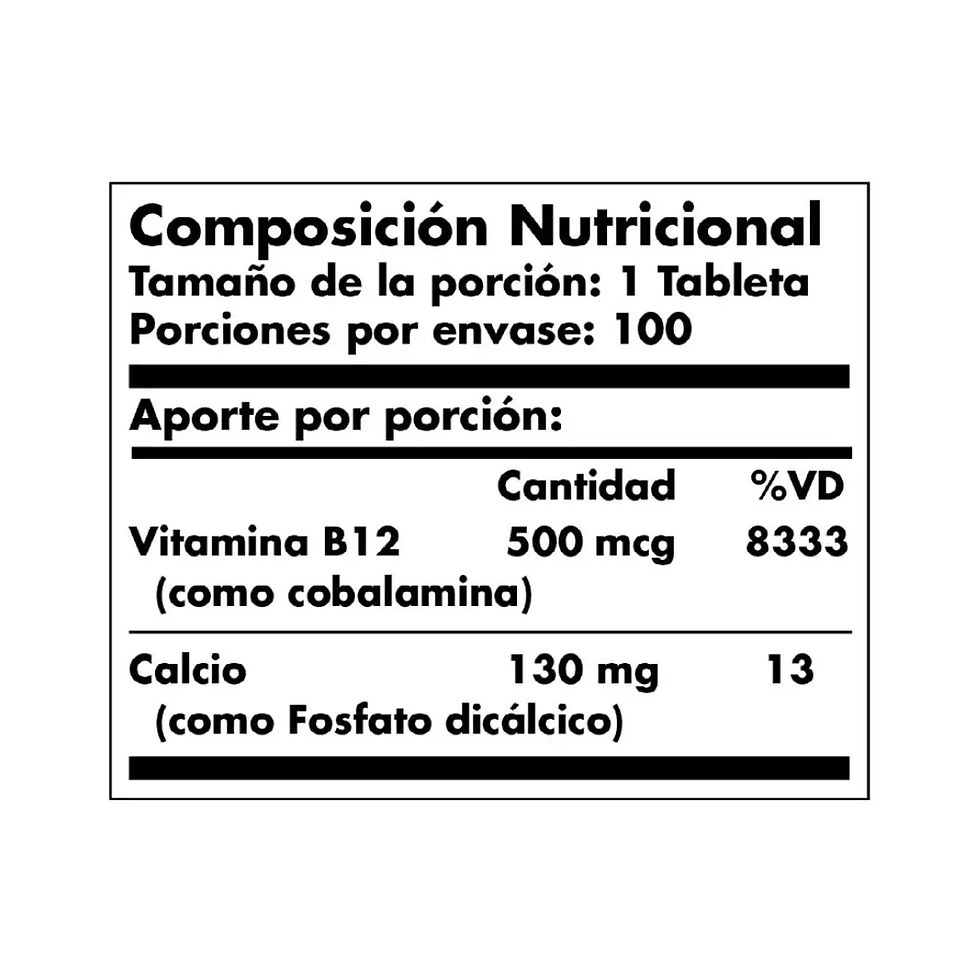 Vitamina B12 Solgar 500 mcg 100 Tabletas tabla nutricional